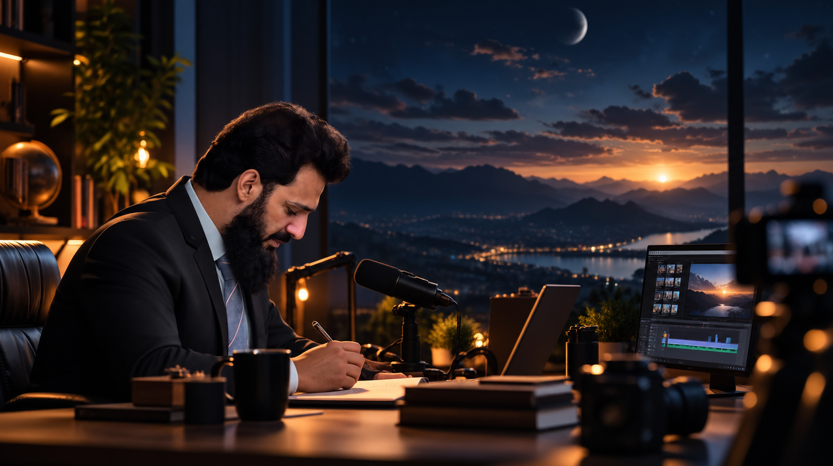 Muhammad Abrar researching, writing and creating at a media workspace