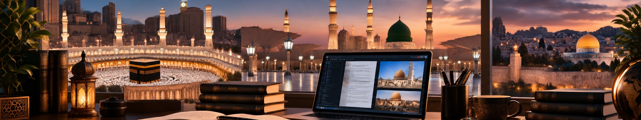 Cinematic Islamic research workspace with views representing Makkah, Madinah and Al-Quds